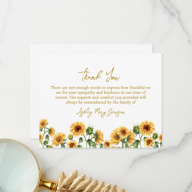 Sunflower Funeral Thank You Note Card Bereavement (Front/Back In Situ)