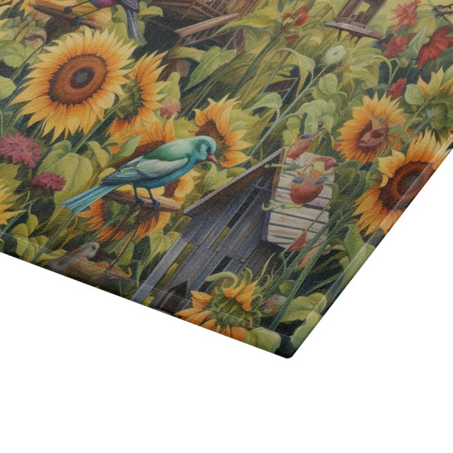 Sunflower Garden 10 Bird Houses Blue Birds Cutting Board (Corner)
