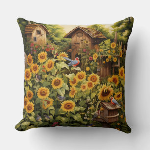 Sunflower Garden 12 Bird Houses Blue Birds Throw Pillow