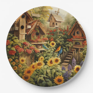 Sunflower Garden 13 Bird Houses Blue Birds Paper Plate