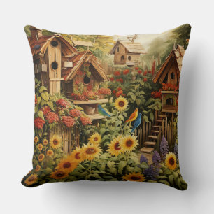 Sunflower Garden 13 Bird Houses Blue Birds Throw Pillow
