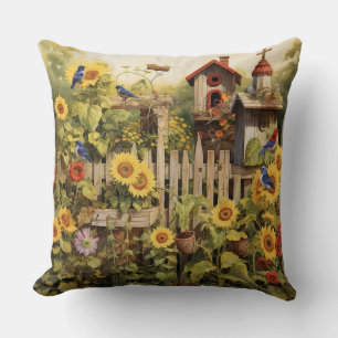 Sunflower Garden 14 Bird Houses Blue Birds Throw Pillow