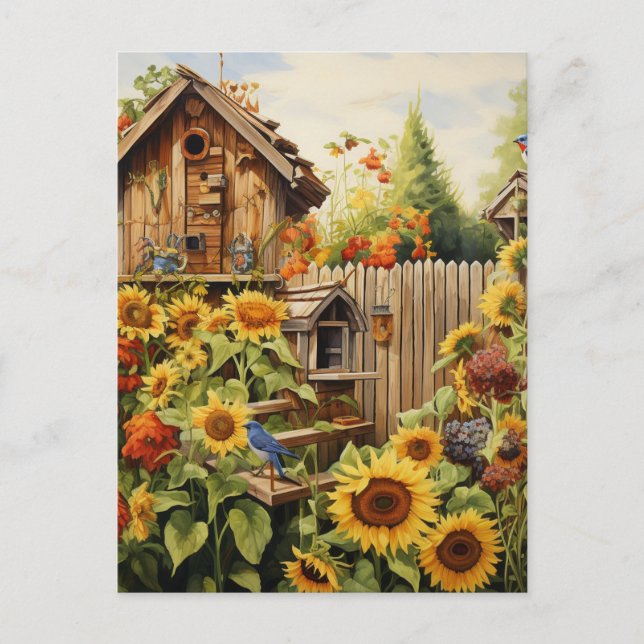Sunflower Garden 2 Bird Houses Blue Birds Postcard (Front)