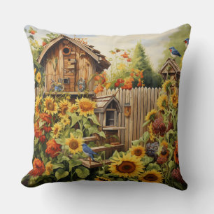 Sunflower Garden 2 Bird Houses Blue Birds Throw Pillow