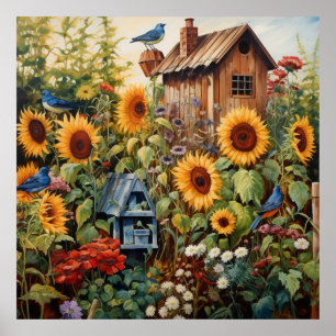 Sunflower Garden 3 Bird Houses Blue Birds Poster