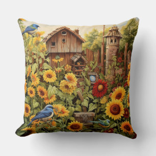 Sunflower Garden 4 Bird Houses Blue Birds Throw Pillow