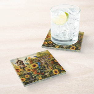 Sunflower Garden 5 Bird Houses Blue Birds Glass Coaster