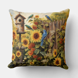 Sunflower Garden 5 Bird Houses Blue Birds Throw Pillow