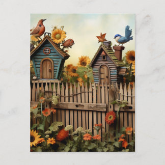 Sunflower Garden 7 Bird Houses Blue Birds Postcard