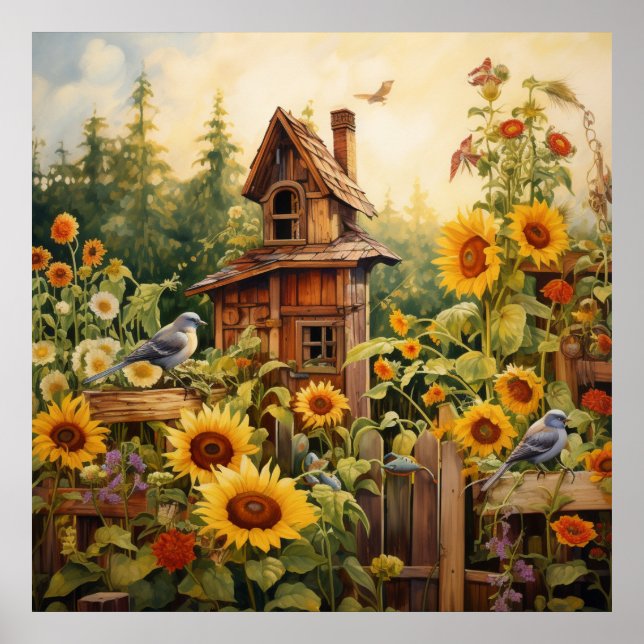 Sunflower Garden 8 Bird Houses Blue Birds Poster (Front)