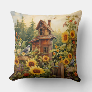 Sunflower Garden 8 Bird Houses Blue Birds Throw Pillow