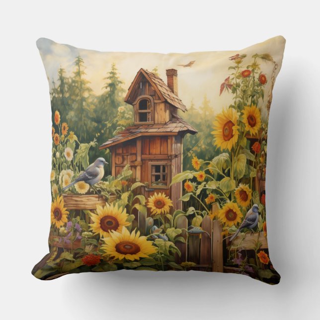 Sunflower Garden 8 Bird Houses Blue Birds Throw Pillow (Front)