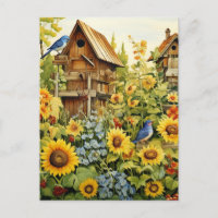 Sunflower Garden Bird Houses Blue Birds
