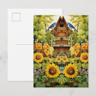 Sunflower Garden Bird Houses Blue Birds Postcard