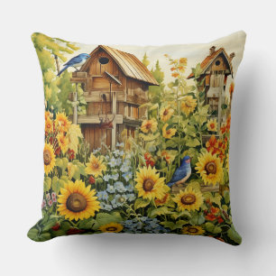 Sunflower Garden Bird Houses Blue Birds Throw Pillow