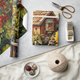 Sunflower Garden Bird Houses Wrapping Paper