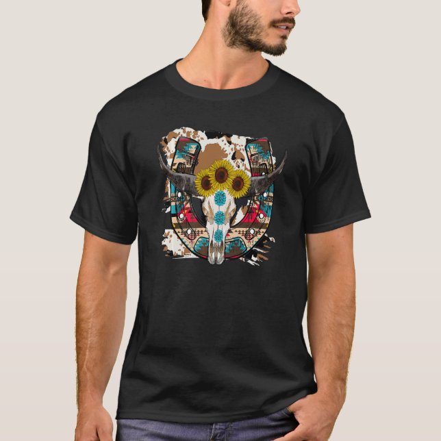 Sunflower Gemstone Bull Skull Rodeo Dad Western Co T-Shirt (Front)