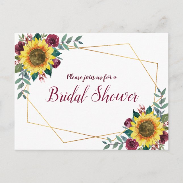 Sunflower Geometric Burgundy Floral Bridal Shower Invitation Postcard (Front)