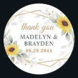 Sunflower Geometric Greenery Wedding Thank You Classic Round Sticker<br><div class="desc">Design features watercolor greenery,  sunflowers,  printed gold elements and airy botanical leaves over a printed gold coloured geometric frame.</div>