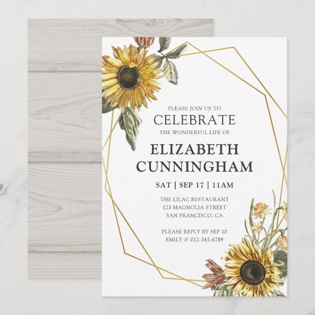 Sunflower Geometric Memorial Celebration Of Life Invitation (Front/Back)