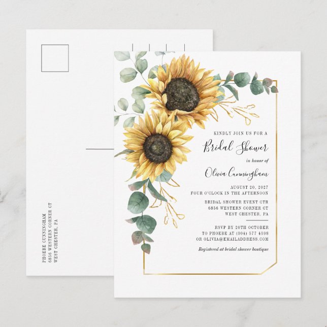 Sunflower Geometric Script Floral Bridal Shower Invitation Postcard (Front/Back)