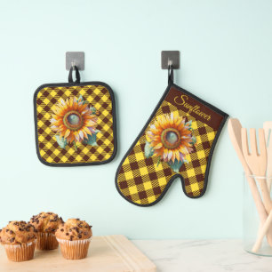 "Sunflower" Gingham Oven Mitt & Pot Holder Set
