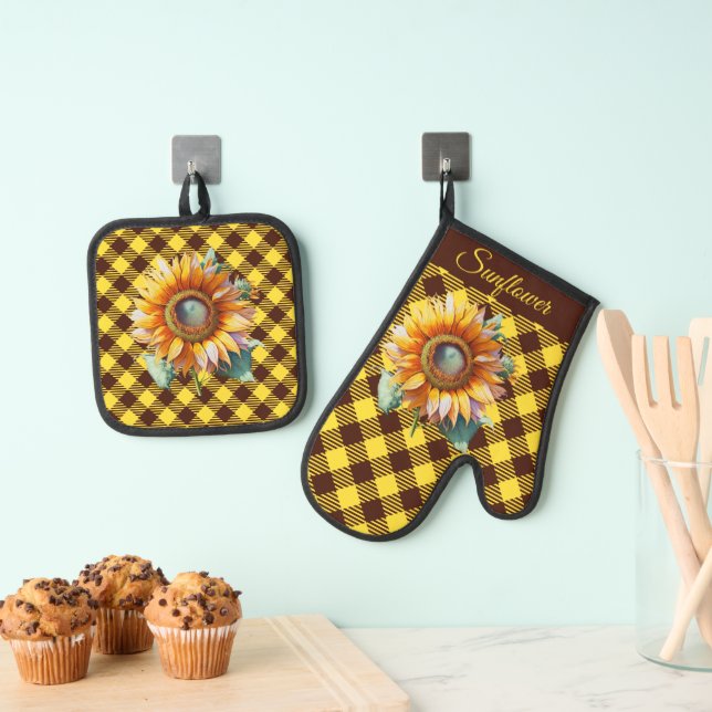 "Sunflower"  Gingham Oven Mitt & Pot Holder Set (Insitu(Hanging))
