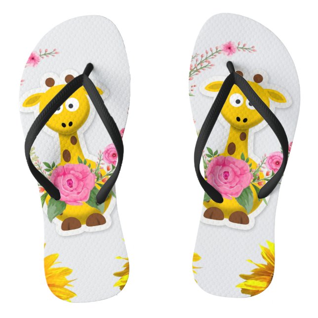 Sunflower Giraffe Pink Rose Floral Flip Flops (Footbed)