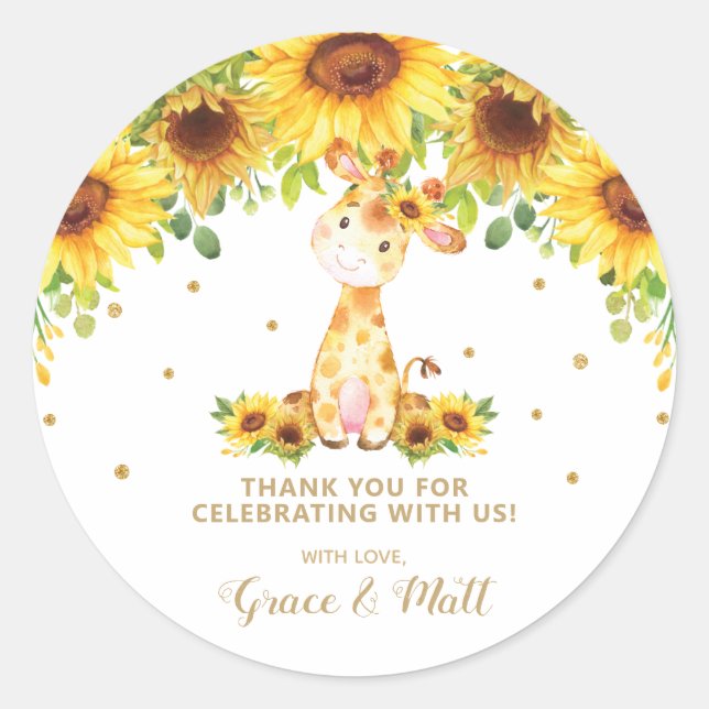 Sunflower Giraffe Thank You Gold Glitter Classic Round Sticker (Front)