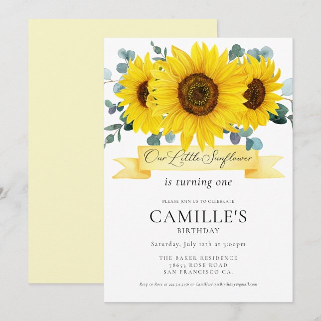 Sunflower Girl 1er anniversaire Invitation (Devant / Derrière)