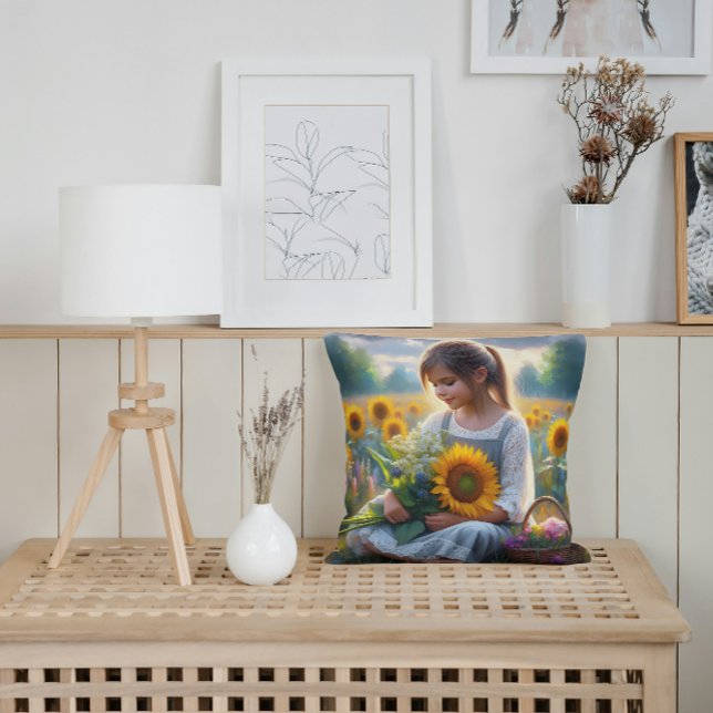 Sunflower Girl Throw Pillow (Creator Uploaded)