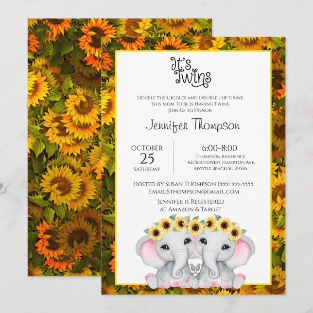 Sunflower Girls Twin Elephant Baby Shower    Invitation (Front/Back)