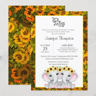 Sunflower Girls Twin Elephant Baby Shower    Invitation