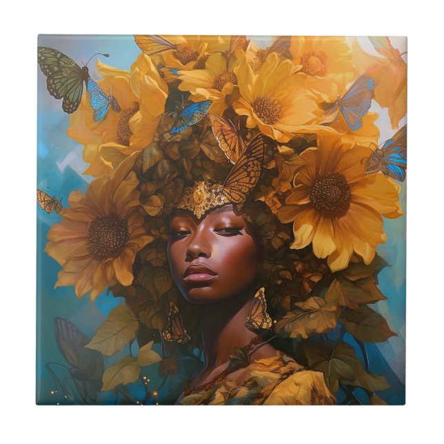 Sunflower Goddess Fantasy Art Tile (Front)
