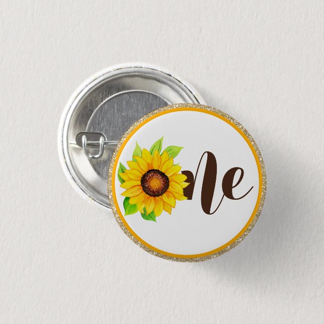 Sunflower & Gold ONE Baby Girl 1st Birthday Party 1 Inch Round Button (Front & Back)