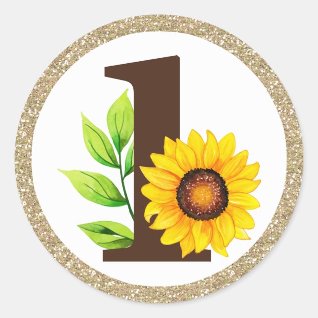 Sunflower & Gold ONE Baby Girl 1st Birthday Party Classic Round Sticker (Front)