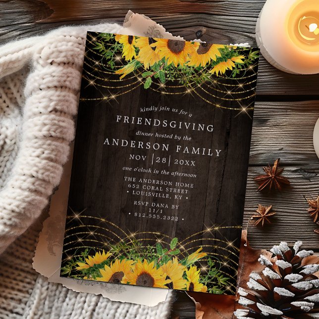 Sunflower Gold String Lights Rustic Friendsgiving Invitation (Creator Uploaded)