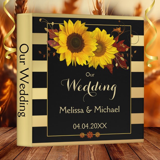 Sunflower Gold Striped Wedding Binder (Romantic wedding binder featuring sunflowers on a chic gold stripe with custom color background)