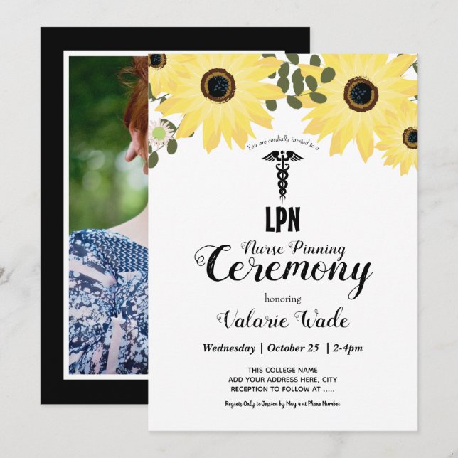 Sunflower Graduation LPN Nurse Pinning Ceremony Invitation (Front/Back)