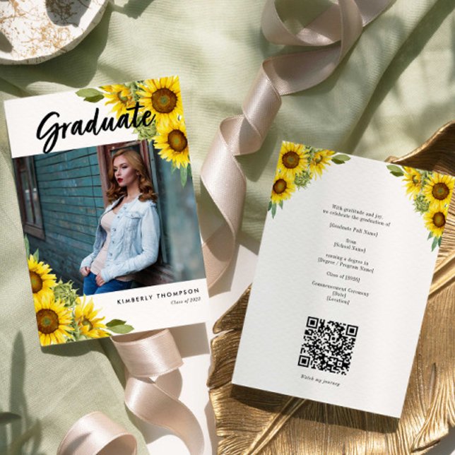 Sunflower Graduation Photo Rustic Floral QR Code Invitation (Creator Uploaded)