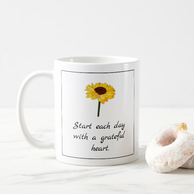Sunflower Grateful Heart Typography Coffee Mug (With Donut)