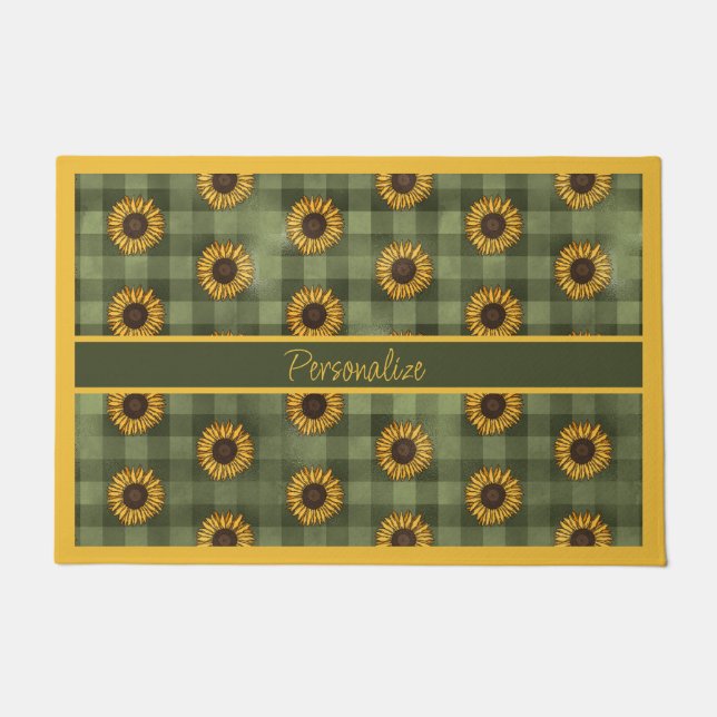 Sunflower Green Buffalo Plaid Gingham Personalized Doormat (Front)