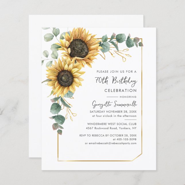 Sunflower Greenery 70th Birthday Party Invitation (Front/Back)