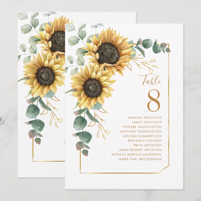 Sunflower Greenery Table Number Wedding Seating (Front/Back)