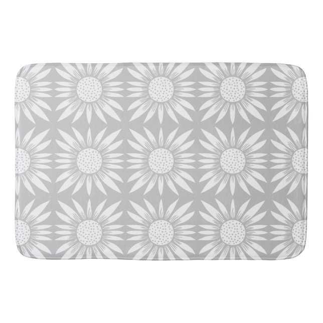 Sunflower Grey White Floral Tile Pattern Bath Mat (Front)