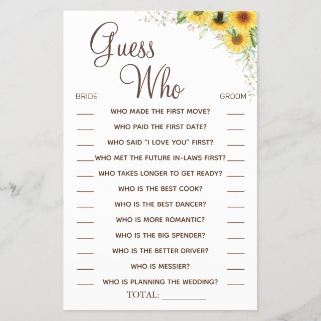 Sunflower Guess Who Bridal shower game card (Front)