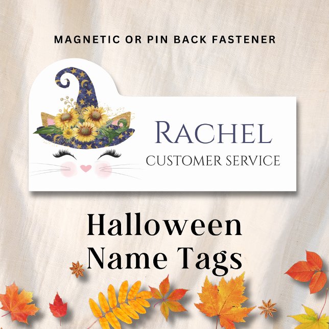 Sunflower Halloween Witch Cat Personalized Name Tag (Creator Uploaded)