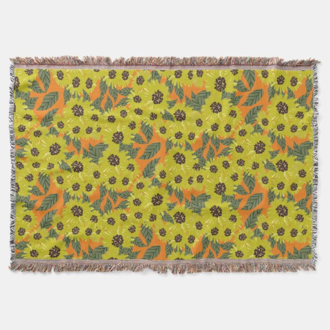 Sunflower Hand Drawn Floral Greenery Yellow Orange Throw Blanket (Front)