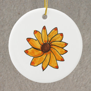 Sunflower Hand Drawn Ink Yellow Ceramic Ornament