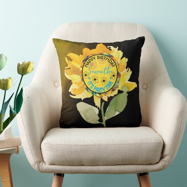 Sunflower Happy Birthday Girl Black Throw Pillow (Sunflower Happy Birthday Girl Black Throw Pillow)